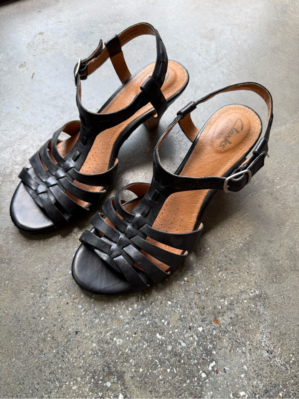 Clarks Black Leather Strappy Stacked Heel Sandals